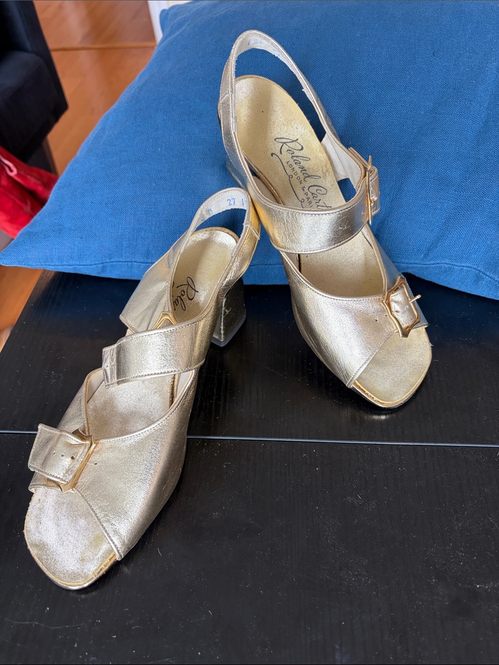 Roland Cartier Gold Metallic Slingback Block Heel Sandals